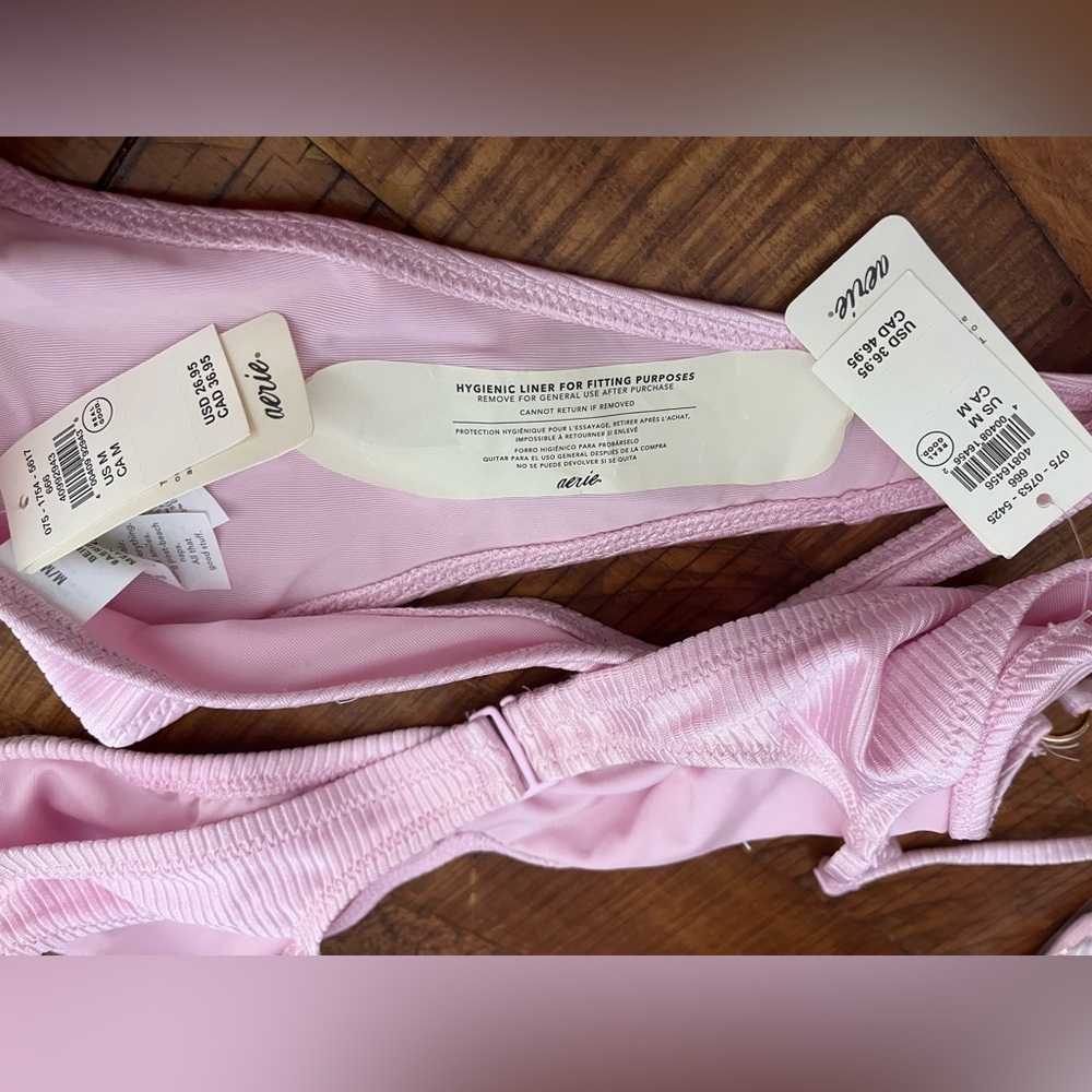 NWT Aerie FULL SET Beach Babe Shine Rib Voop Top + Thong Bottoms Parfait Pink M - Picture 6 of 6